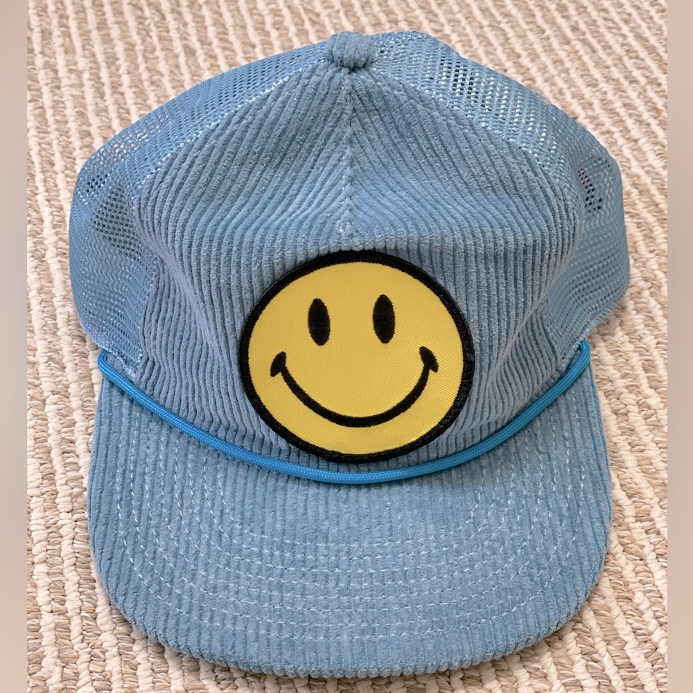 Aviator Nation baby blue corduroy smiley trucker hat
